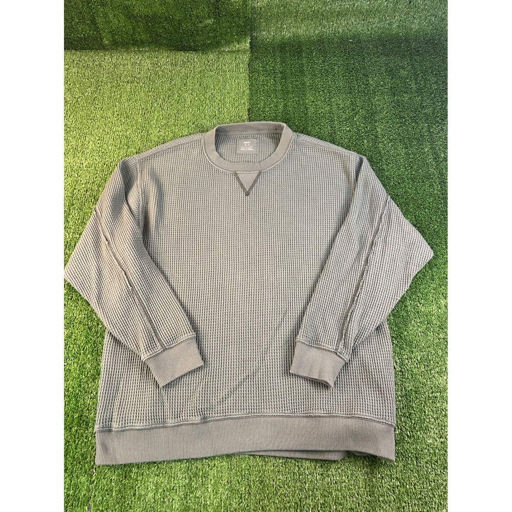 Aerie Mens Green Waffle Knit Crewneck Thermal Sweatshirt Relaxed Fit Size Medium